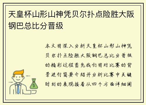 天皇杯山形山神凭贝尔扑点险胜大阪钢巴总比分晋级