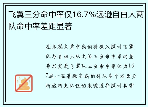 飞翼三分命中率仅16.7%远逊自由人两队命中率差距显著